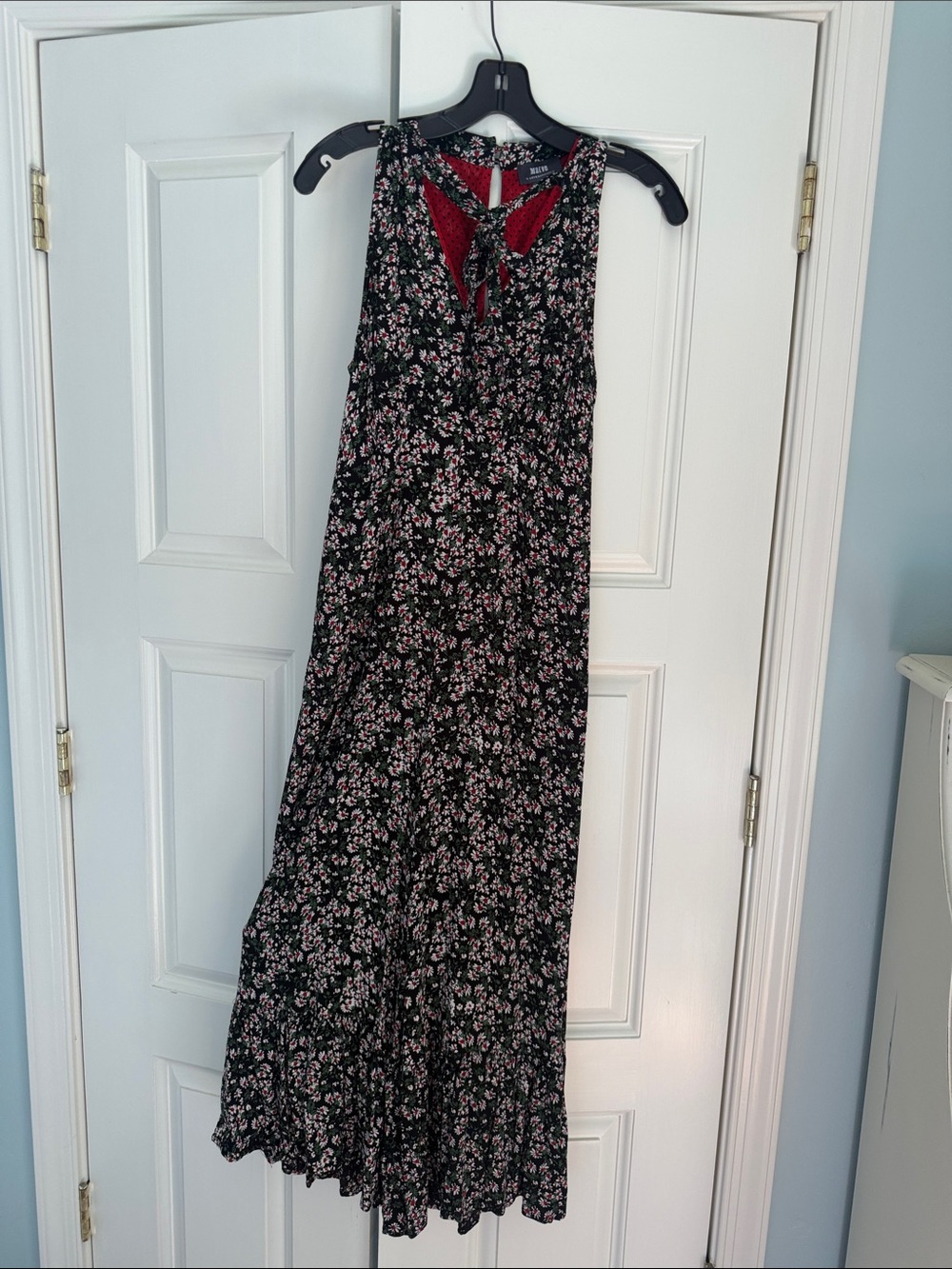 Anthropologie Black Jumpsuit with Pink Floral and Red Back Detail